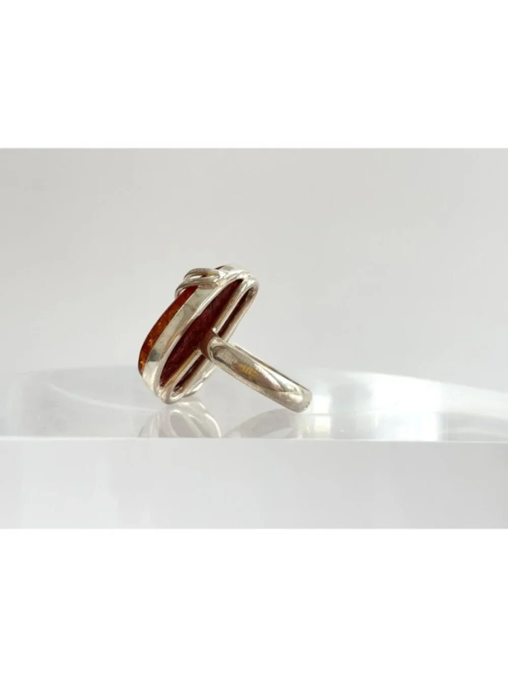 Modernist Genuine Baltic Amber Stone Sterling Silver 925 Vintage Ring - sz 7.5